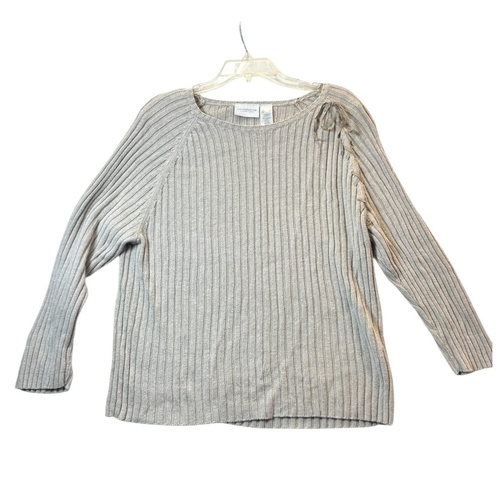 Liz Claiborne Women XL Cream Ribbed Lace Up Shoulder Detail Sweater